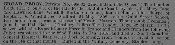 Croad P Pte 698032 22nd London Regiment Obit