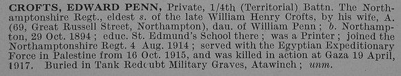 Crofts E P Pte 4th Northants Regt Obit