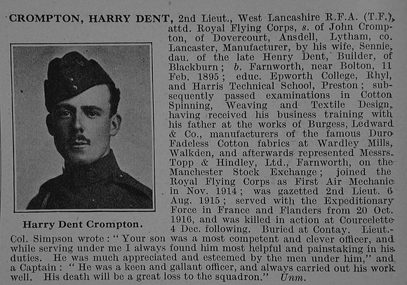 Crompton H D 2nd Lt Royal Flying Corps Obit