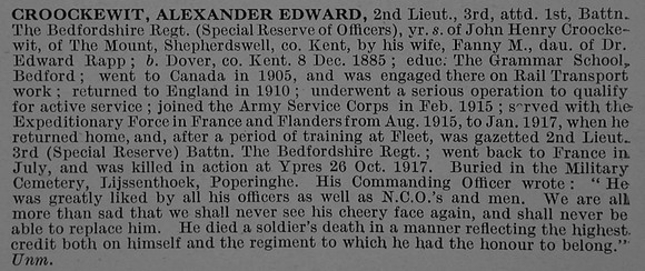 Croockewit A E 2nd Lt 1st Bedfordshire Regiment Obit