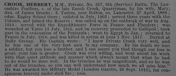 Crook H Pte 357 9th Lancashire Fusiliers Obit