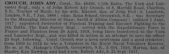 Crouch J A Cpl 46499 5th York & Lancaster Regiment Obit