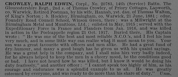 Crowley R E Cpl 20783 14th Gloucestershire Regiment Obit