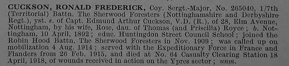 Cuckson R F Coy Sergt Major 265040 7th Notts & Derby Regiment (Sherwood Foresters) Obit