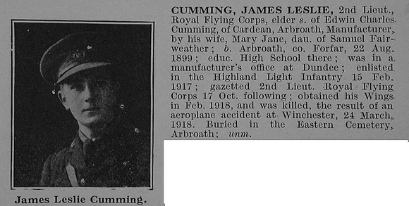Cumming J L 2nd Lt Royal Flying Corps Obit