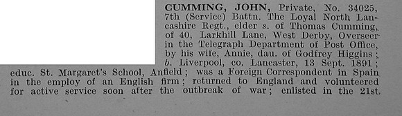 Cumming J Pte 34025 7th Loyal North Lancs Regiment Obit Part 1