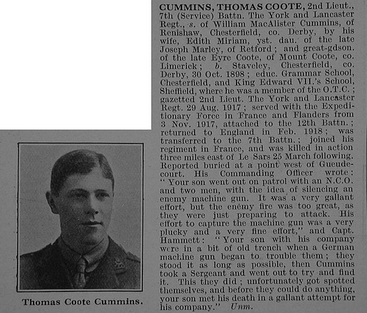 Cummins T C 2nd Lt 7th York & Lancaster Regiment Obit