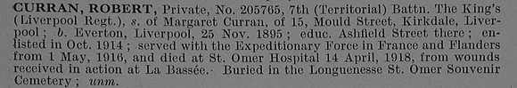 Curran R Pte 205765 7th Kings Liverpool Regiment Obit
