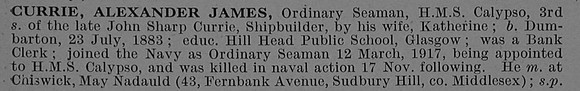 Currie A J Ordinary Seaman HMS Calypso Royal Navy Obit