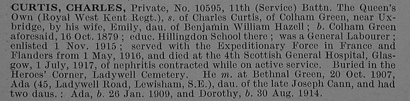 Curtis C Pte 10595 11th Queens Own Royal West Kent Regiment Obit
