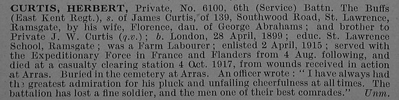 Curtis H Pte 6100 6th East Kent Regiment Obit