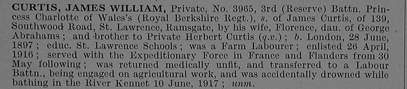 Curtis J W Pte 3965 3rd Royal Berkshire Regiment Obit
