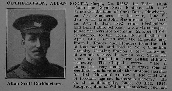 Cuthbertson A S Cpl 53583 1st Royal Scots Fusiliers Obit