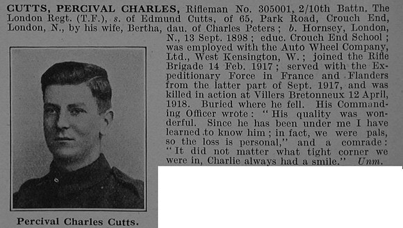 Cutts P C Rfn 305001 10th London Regiment Obit