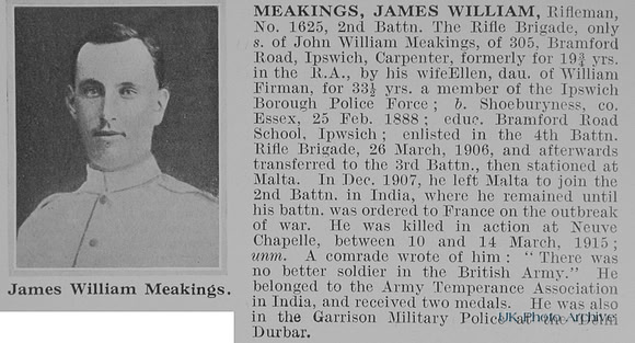 Meakings J W Rfn 1625 2nd Rifle Brigade Obit