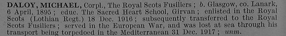 Daloy M Cpl Royal Scots Fusiliers Short Obit De Ruvignys Roll Of Honour Vol 4