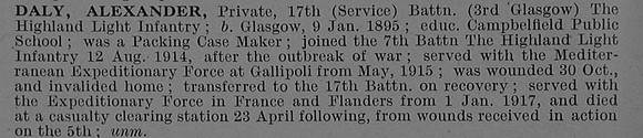 Daly A Pte 41591 17th Highland Light Infantry Obit