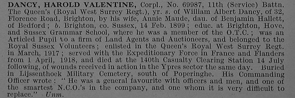 Dancy H V Cpl 69987 11th Queens Royal West Surrey Regiment