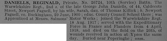 Daniells R Pte 26724 10th Royal Warwickshire Regiment