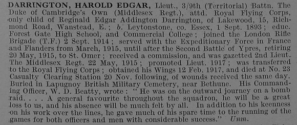 Darrington H E Lt 9th Middlesex Regiment Attd Royal Flying Corps