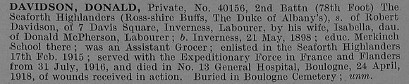 Davidson D Pte 40156 2nd Seaforth Highlanders