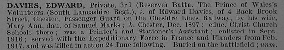 Davies E Pte 3rd South Lancashire Regiment Obit