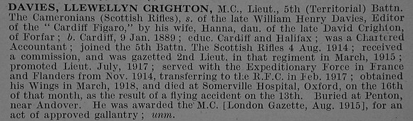 Davies L C Lt MC 5th Cameronians Obit