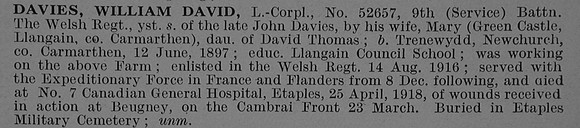 Davies W D L/Cpl 52657 9th Welsh Regiment Obit