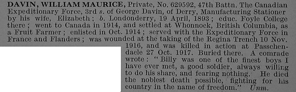 Davin W M Pte 629592 47th Canadian Infantry (Western Ontario Regiment) Obit