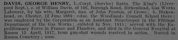 Davis G H L/Cpl Kings Liverpool Regiment Obit