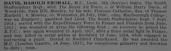 Davis H E Lt MC 9th South Staffordshire Regiment Obit