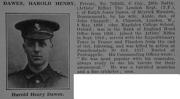 Dawes H H Pte 762365 28th London Regiment Obit