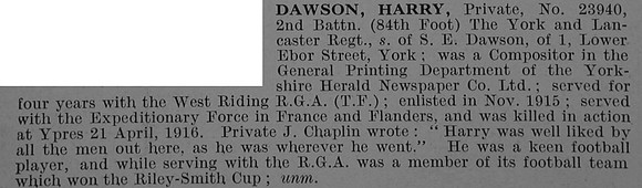 Dawson H Pte 23940 2nd York & Lancaster Regiment Obit