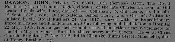 Dawson J Pte 66051 10th Royal Fusiliers Obit