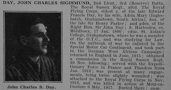 Day J C S 2nd Lt 3rd Royal Sussex Regiment Attd Royal Flying Corps Obit