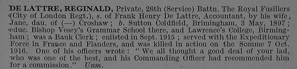 De Lattre R Pte 19482 26th Royal Fusiliers Obit