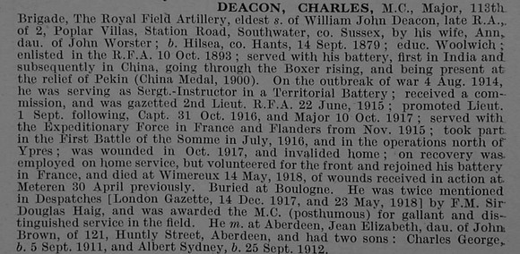 Deacon C Major MC Royal Field Artillery Obit