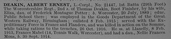 Deakin A E L/Cpl 21447 1st Worcestershire Regiment Obit