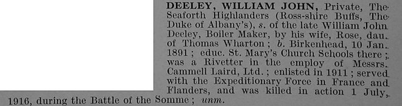 Deeley W J Pte 909 2nd Seaforth Highlanders Obit