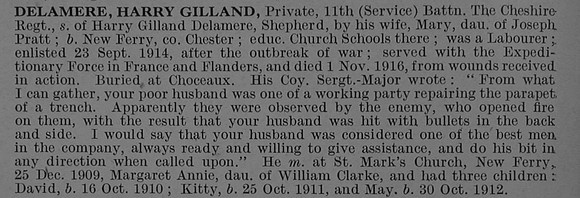 Delamere H G Pte 17183 11th Cheshire Regiment Obit