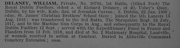 Delaney W Pte 30795 1st Royal Dublin Fusiliers Obit