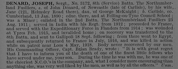 Denard J Sergt 3172 8th Northumberland Fusiliers Obit