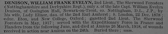 Denison W F E 2nd Lt 15th Notts & Derby Regiment (Sherwood Forester)