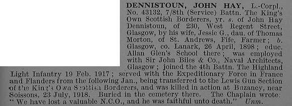 Dennistoun J H L/Cpl 43132 8th Kings Own Scottish Borderers Obit