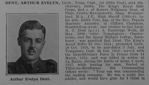 Dent A E Lt 1st Attd 9th Kings Royal Rifle Corps Obit Part 1