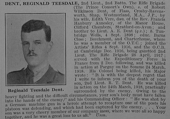 Dent R T 2nd Lt 2nd Rifle Brigade Obit