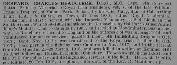 Despard C B Captain DSO MC 9th Royal Irish Fusiliers