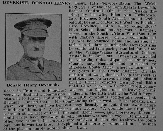 Devenish D H Lt 14th Welsh Regiment Obit