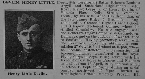 Devlin H L Lt 5th Argyll & Sutherland Highlanders Attd Royal Flying Corps Obit Part 1