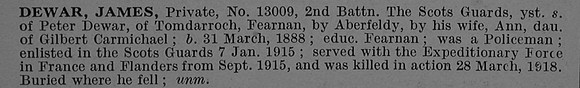 Dewar J Pte 13009 2nd Scots Guards Obit